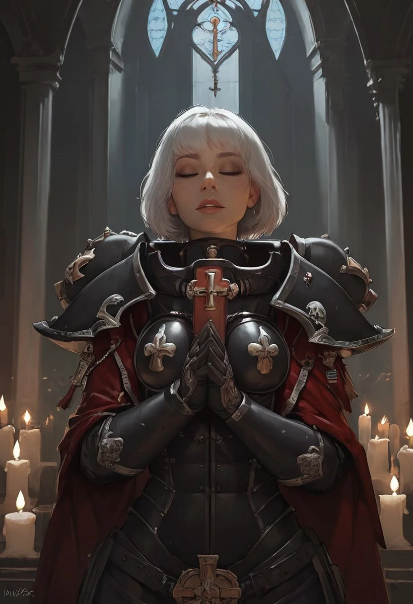 masterpiece, best quality, highly detailed, score_9, score_8_up, score_7_up, score_6_up, Expressiveh,1girl, Sororitas, s0r0r1t@s, white hair, short hair, bob haircut, bangs, makeup, freckles, sororitas, armor, shoulder armor, pauldrons, power armor, toned, natural breasts, kneeling, praying, eyes closed, moonlight, soft smile, beautiful background, cathedral, church, candlelight, night, moonlight, beautiful lighting