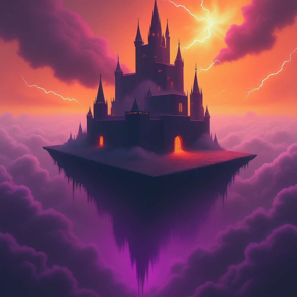 cpolldreamyfortress, cpolldfffitowd, floating fortress in the otherworld, otherworld, floating fortress, outdoor, orange sky, orange lightnings in sky, vivid purple mist, purple lightnings in vivid purple mist