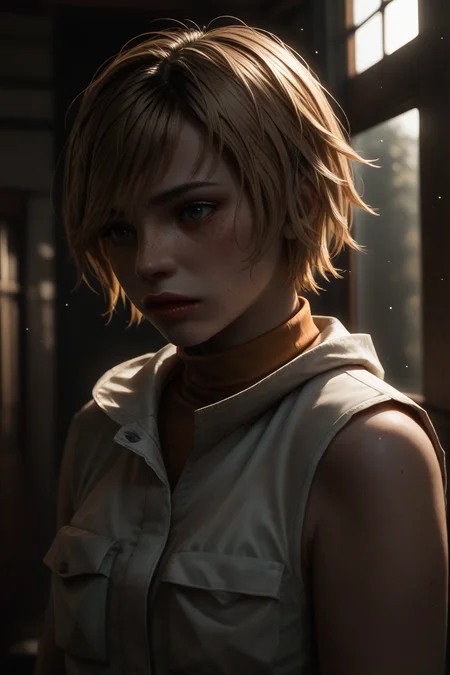 1girl, depth of field, highly detailed, high contrast ,  god rays, volumetric lighting,solo,<lora:dark:0.4>  <lora:Heather_mason_lora:0.8> heather_mason, blonde hair, short hair, freckles,vest,turtleneck,, PonyXLV6_Scores, zPDXL3, <lora:Hyper-SDXL-8steps-lora:1>, <lora:Nyl2s_tyle:0.5> <lora:g0th1cPXL:0.4> g0thicPXL,