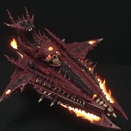<lora:Chaos_Warfleet_-_Warhammer_40000_SDXL:1>chaoswarfleet, crimson battleship,space,warp,demonic presence,demonic face,distortion,lightning,plasma,protuberance,black hole,vortex,nightmare,bones,blood,skulls,fire,cinders,lava,magma,hot,blazing,