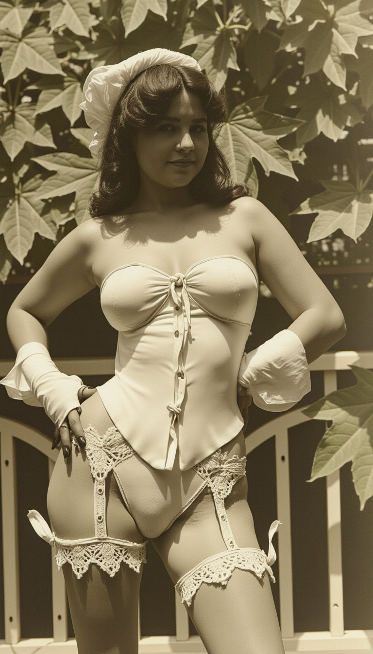 V1nt4g3.This is a black and white photograph from the late 19th or early 20th century, featuring of a young woman posing outdoors in a garden setting. She has a fair skin tone and long, straight, dark brown hair with a slight wave, styled in a cascading manner. She wears a provocative, light  satin corset that accentuates her large breasts, cinched waist, and curvy hips. The corset has white lace trim and a delicate bow at the center. She also wears matching light  garter belts attached to white lace thigh-high stockings, adding to her seductive allure. Her makeup is subtle, with a focus on accentuating her almond-shaped eyes and full lips. 

A long, sheer white veil, adorned with lace trim, cascades down her back, partially obscuring her shoulders and adding a bridal or ethereal touch. She also wears white lace gloves that extend up to her elbows, and her outfit includes a delicate, intricately designed garter belt and stockings. The background features lush green foliage, including leaves and a glimpse of a white fence, suggesting a serene, private garden setting. The sunlight filters through the leaves, casting soft shadows and highlighting her figure and the textures of her attire. The overall aesthetic is a blend of vintage bridal and modern lingerie-inspired fashion.