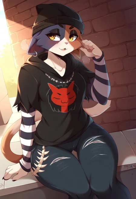 score_9, score_8_up, score_7_up, (by teranen), outdoor, sexy, sweat, dutch angle, looking aside, high quality, hires, solo, detailed background, easynegative, pose, pawpads, (horny), steam,
me0wsklls, furry female, body fur, two-tone fur, cat ears, orang eyes, cat tail, crawls, black beanie, black hoodie, layered sleeves, long over short sleeves, striped sleeves, pants, jeans, torn pants
