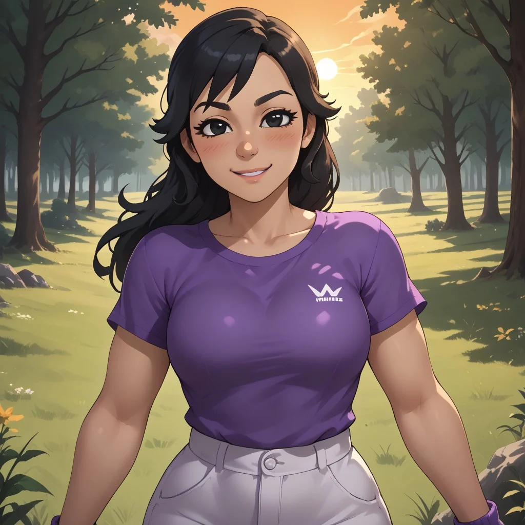 score_9, score_8, BREAK, solo, wii, mii, wii sports, 1girl, female mii, black hair, black eyebrows, black eyes, blush, purple clothing, white pants, shoes, breasts, nintendo mii, modern_mii, classic_mii, Valeria_Torres_(OC_Mii), cute, sexy pose, self portrait, smile, outdoors, sunlight, shadows, evening lighting, natural lighting, forest, trees, grass, orange sky, sunset