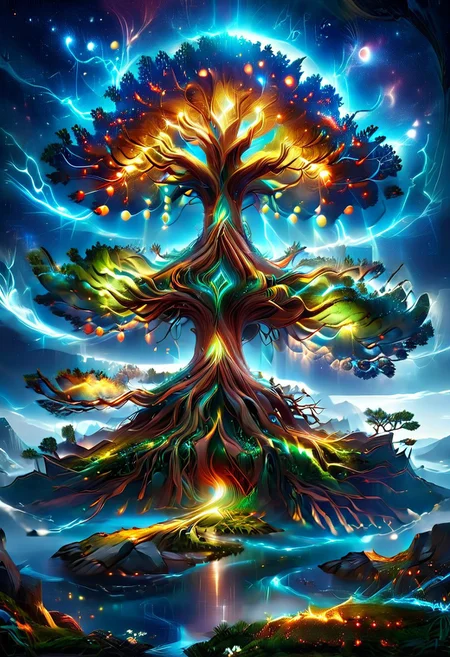 A captivating night scene illustration Yggdrasil tall on a large snowy mountain overlooking a lake. lthndrtrl, Yggdrasil, emits a warm glow, highlighting its incredible magic and grandness. The snowy hill is covered in great pine trees, reflecting on the calm, moonlit snow that mirrors the silvery moonlight. The full moon graces the sky, casting an ethereal glow on the clouds and mountain, while wispy clouds partially obscure its brilliance, adding to the scene's mystique. Twinkling stars dot the sky, creating a celestial tapestry that harmonizes with the moon's radiance. This enchanting artwork captures a serene and peaceful night, where the illuminated Yggdrasil stands resolute amidst the celestial beauty, creating a cinematic experience., illustration, cinematic, lthndrtrl, Yggdrasil
<lora:DonM3t3rn1tyXL-v1.1:0.7>, DonM3t3rn1tyXL,
OverallDetailXL <lora:MJ52:0.3> <lora:SDXLFaeTastic2400:0.4> <lora:EpicF4nta5yXL:0.7>
