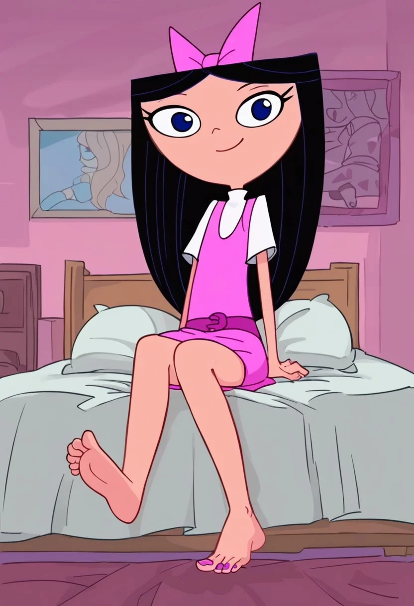 score_9, score_8_up, score_7_up, BREAK, masterpiece, highres, Isabellapony, 1girl, solo, black hair, long hair, hips, smile, blue eyes, pink dress, purple chest pocket, white undershirt, pink hairbow, barefoot, pink toenail polish, soles, smile, sitting, looking at viewer, indoors, bedroom, pink room, bed, flat chest, down below, <lora:isabella_garcia-shapiro:1>