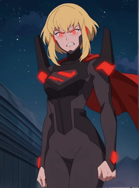 score_9, score_8_up, score_7_up, score_6_up, score_5_up, score_4_up, source_anime , anime screencap, <lora:KaraSuper:0.8>1girl, blonde hair, solo, superkara, short hair, bodysuit, sidelocks, red eyes, pilot suit glowing eyes, angry, wide hips, narrow waist, flying, night sky, red_cape