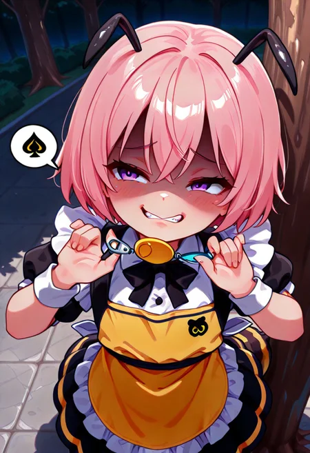 masterpiece, BEST QUALITY, solo, aged down,
short body, short hair, round face,
short limb,
looking up,
tilted head,
under tree,
shadows from tree canopy on her,
sunny day,
CivChan, purple eyes, pink hair, arranged maid outfit,
flat breasts, park, from above, shaded face, (smug:1.2), head tilt,
open eyes,
Bee girl mixture costume,
bee tail. (bee wing:1.3),
yellow and black stripe apron
cpbt
folded elbow,
1 yellow oval crime prevention buzzer holding at her mouth,
pulling gesture,
(pinching strap of buzzer:1.5)
clenched teeth,
(1tongue out:0.6),
tongue below
unholy-aesthetic
BREAK
2.5D REALISTIC
ABSURDRES
AMAZING QUALITY
BALANCED HISTGRAM on subject
CONTRAPPOSTO
LOW-KEY HISTGRAM ON BG
NEWEST
PERSPECTIVE
SOLO FOCUS
ULTRA DETAILED EYES, EYE HIGHLIGHTS
ULTRA DETAILED FACE
VERY AESTHETIC
very awa
(simple large speech bubble at corner of the top:1.4)
asking for buzz with a speech bubble, speech bubble that says "buzz"
handslora
(A BLACK thunderbolt symbol printed at buzzer:1.4)