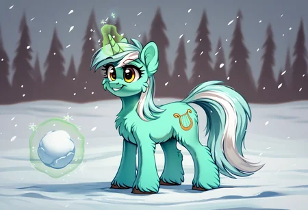 score_9, score_8_up, score_7_up, score_6_up, score_5_up, score_4_up, lyra heartstrings, yakutian horse, mare, female, solo, unshorn fetlocks, cheek fluff, magic, snow, snowball, telekinesis, smiling, snowfall, g4, detailed, beautiful, <lora:Snow_Ponies-000008:1>