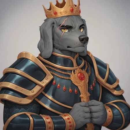 masterpiece, score_9_up, score_8_up, score_7_up, score_6_up, source_furry, (best quality:1.1), ultra-detailed, high resolution, 1character, solo, Rover Diamondshield, male, anthro, canine, (beautiful detailed yellow eyes), scar on the eye, eyebrows, gray fur, muscular body, fluffy tail, floppy dog ears, animal nose, serious expression, crown, heavy black armor, helm, jewelry, full body, detailed facial features, simple background, highly visible, sharp focus, anatomically correct, simple background
