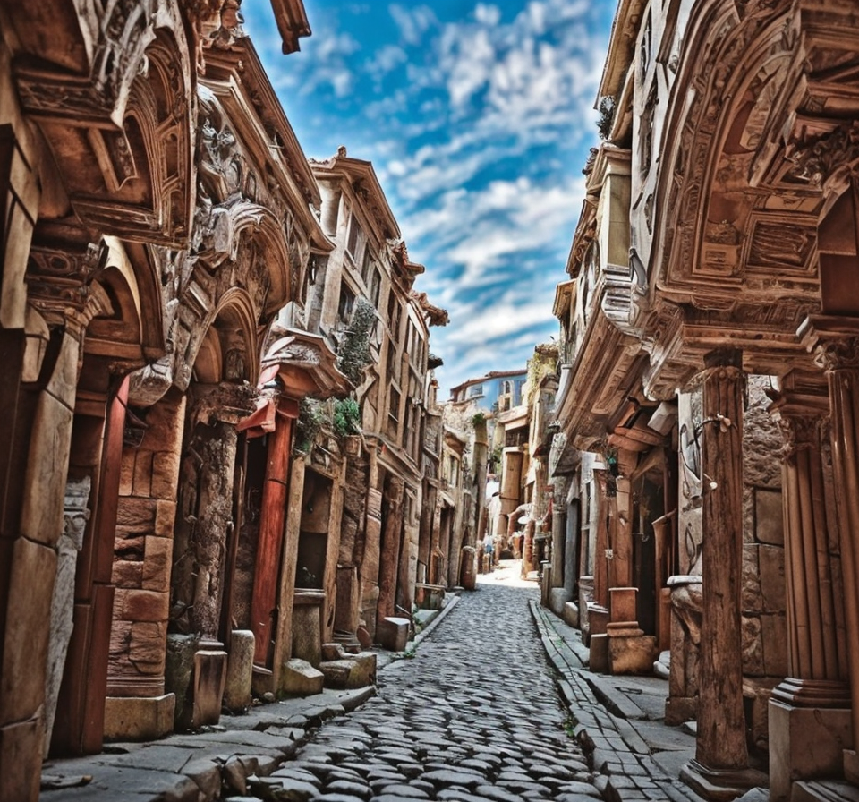 RAW photo, (masterpiece:1.3), subsurface scattering, heavy shadow, (high quality:1.4), (intricate, high detail:1.2), professional photography, HDR, High Dynamic Range, realistic, ultra realistic, photorealistic, high resolution, film photography, ambient lighting, atmospheric effects, <lora:detail_slider_v4:2>, OverallDetail, Fantasy picture, a street in an ancient roman city, RomAr, <lora:RomanArchitecture-10:1>, epiCPhoto