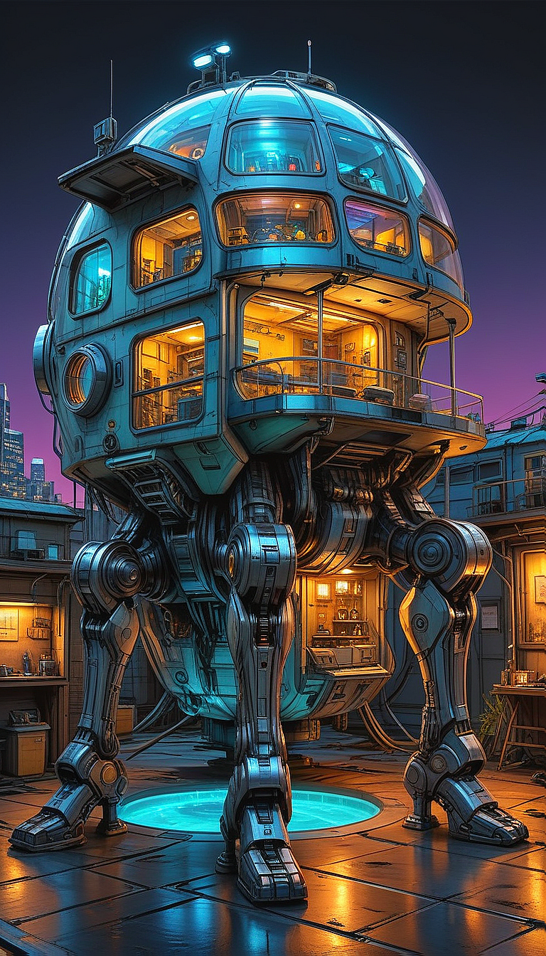 (cel-shading:2)+, (in ARTIST style:1.6), (masterpiece:1.7), hyperrealism, glossy, shinny,
clear image, accurate picture, clear picture, precise image, focused image, Science fiction style, Science fiction,
(cozy comfy glowing living space house) on mechanical legs, science fiction, aquarium on mechanical legs focus, neon glowing cyberpunk city street background, mecha,
comic style, (ultra sharp focus:2), (thin lines:2),
(best quality:1.8),
<lora:Apparatus_-_Traction_City_Walkers_Vehicles:0.8>,