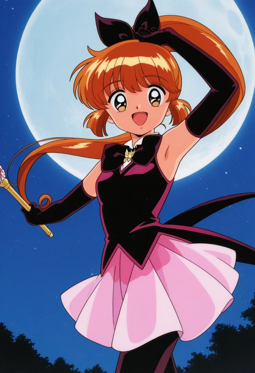 masterpiece, best quality, source_anime,official art,perfect_anatomy,1990s_\(style\),retro_artstyle,saint tail,1girl,long hair,orange hair,ponytail,elbow gloves,skirt,pantyhose,(looking_at_viewer,smile,open mouth),portrait,armpits,magical wand,cowboy shot,close to viewer,night,full-moon