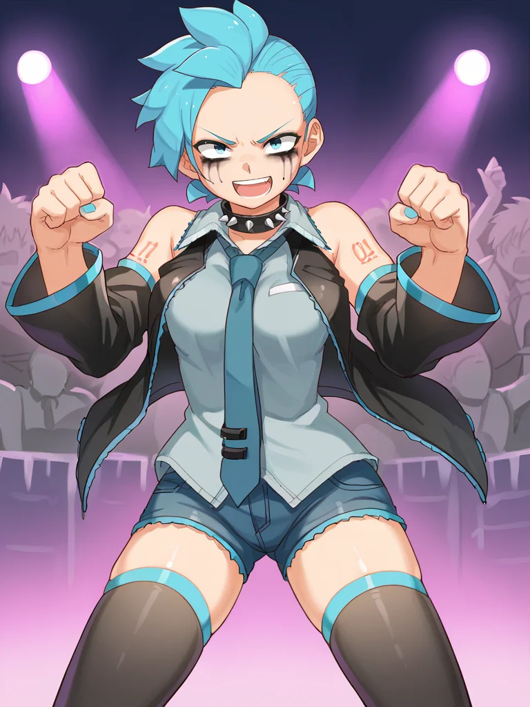 score_9, source_anime,
1girl, solo, hatsune miku,
mohawk, shaved hair, punk, spiked collar, leather jacket, denim shorts, thighhighs, mascara,
outdoors, concert, runny makeup, smile, open mouth, angry, shouting, necktie,
<lora:abmayo_)ponyDiffusionV6XL_v6StartWithThisOne 8x16 AdamW8bit__cosine__1708740582_dim4_sv_fro_dp0.8:1>