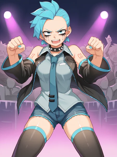 score_9, source_anime,
1girl, solo, hatsune miku,
mohawk, shaved hair, punk, spiked collar, leather jacket, denim shorts, thighhighs, mascara,
outdoors, concert, runny makeup, smile, open mouth, angry, shouting, necktie,
<lora:abmayo_)ponyDiffusionV6XL_v6StartWithThisOne 8x16 AdamW8bit__cosine__1708740582_dim4_sv_fro_dp0.8:1>
