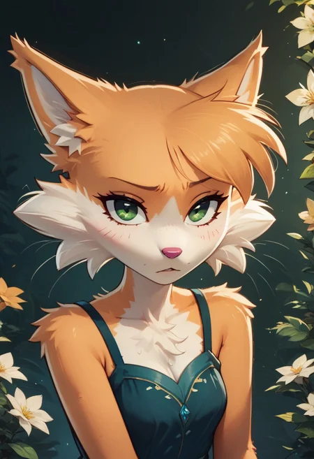 score_9, score_8_up, score_7_up, Rolo, 1girl, solo, animal ears, furry female, body fur, animal nose, white fur, green eyes, short hair, tail, fox ears, fox girl, two-tone fur, fox tail, orange fur, highly detailed, intricate, zzCitronCAT, enchanted grotto scenery