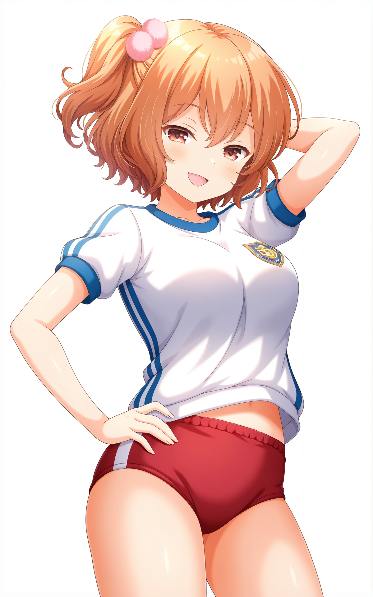 masterpiece, best quality, good quality, newest,4k, perfect lighting, cinematic, very aesthetic, official art, anime screencap, anime coloring,(((white background, simple background))),
1girl,solo,michiru,brown hair,orange hair,short hair,side ponytail,one side up,hair between eyes,hair ornament,brown eyes,red eyes,
seio gym uniform,white shirt,short sleeves,midriff peek,red buruma,thighs,
open mouth,looking at viewer,smile,naughty face,half closed eyes,standing,hand on hip,hand behind head,BREAK
<lora:ILmichiru:1>