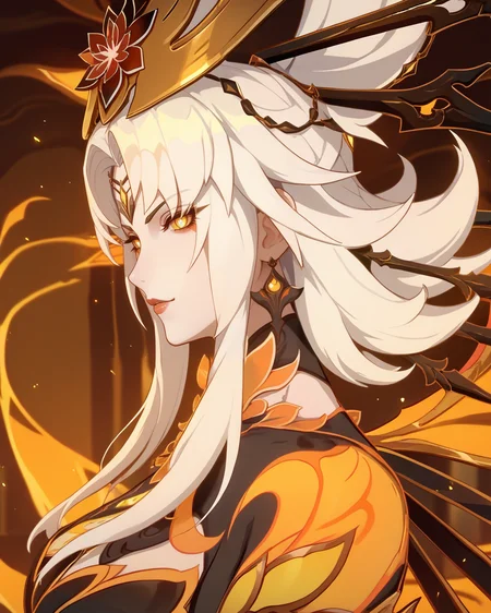 score_9, score_8_up, score_7_up, source_anime,score_6, 1girl, mature woman, from side,blurred background, solo, white hair, yellow eyes, Phantylia_The_Undying, <lora:Phantylia_The_Undying:0.8>