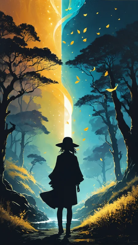 1girl, (from side), (silhouette:1.2), profile, big hair, masterpiece, best quality, light particle, depth of field, field, scenery, fantasy, indigo light, (far away:1.1), cute girl, midriff, tribal sash, pastel colors, chromatic aberration, glow in the dark dark, cloudy sky, space, orange aura, aura, cinematic, dark atmosphere, night , dark hole, glowing eyes, teal light, illumination, light rays, eye in the sky, (grass:0.9), falling petals, oniric portrait of a tall cloaked figure with a white mask, Azem the Traveler, yearning to explore the ends of the world to discover its wonders and help its denizens, by Andy Kehoe, a gradient masterpiece, blue cyan yellow, Rococopunk, luminism, seamless, China ink, Ink Bubbles, Gold leaf lines, alcohol ink elements, curved lines, cinematic, realism, chiaroscuro, Shadow play, Gold leaf small lines, bright splashes of alcohol ink puddles, volumetric light, auras, rays of sunlight, bright colors reflect, isometric, digital art, smog, toxic waste, chimneys and railroads, 3d render, octane render, volumetrics, by greg rutkowski, anime style