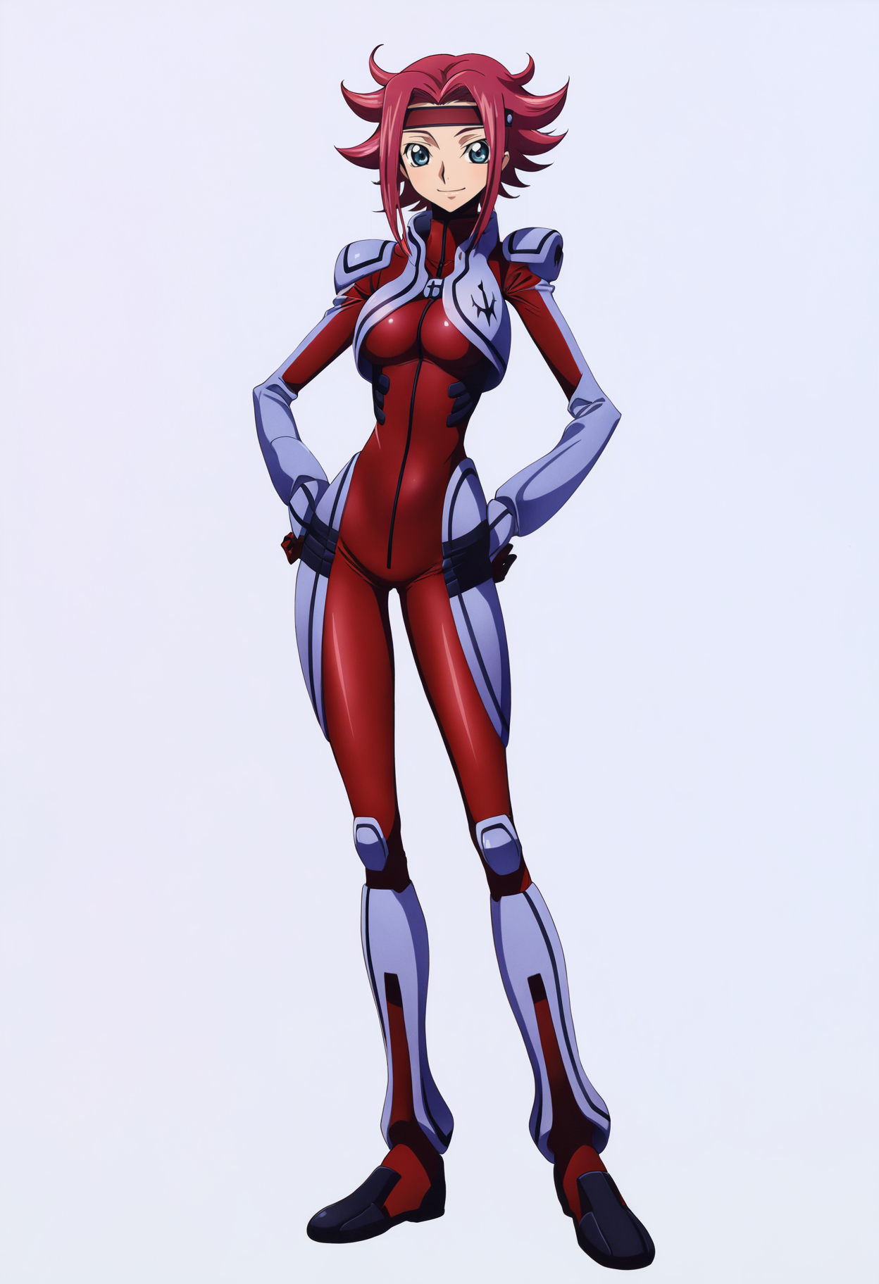 masterpiece, best quality, very aesthetic, absurdres,
1girl, kouzuki kallen, red hair, short hair, blue eyes,
flipped hair, headband,
bodysuit, pilot suit, red bodysuit,
hands on hips,
full body, standing, smile, solo, looking at viewer, simple background, white background, <lora:KallenKouzukiNoobXL_byKonan:1>