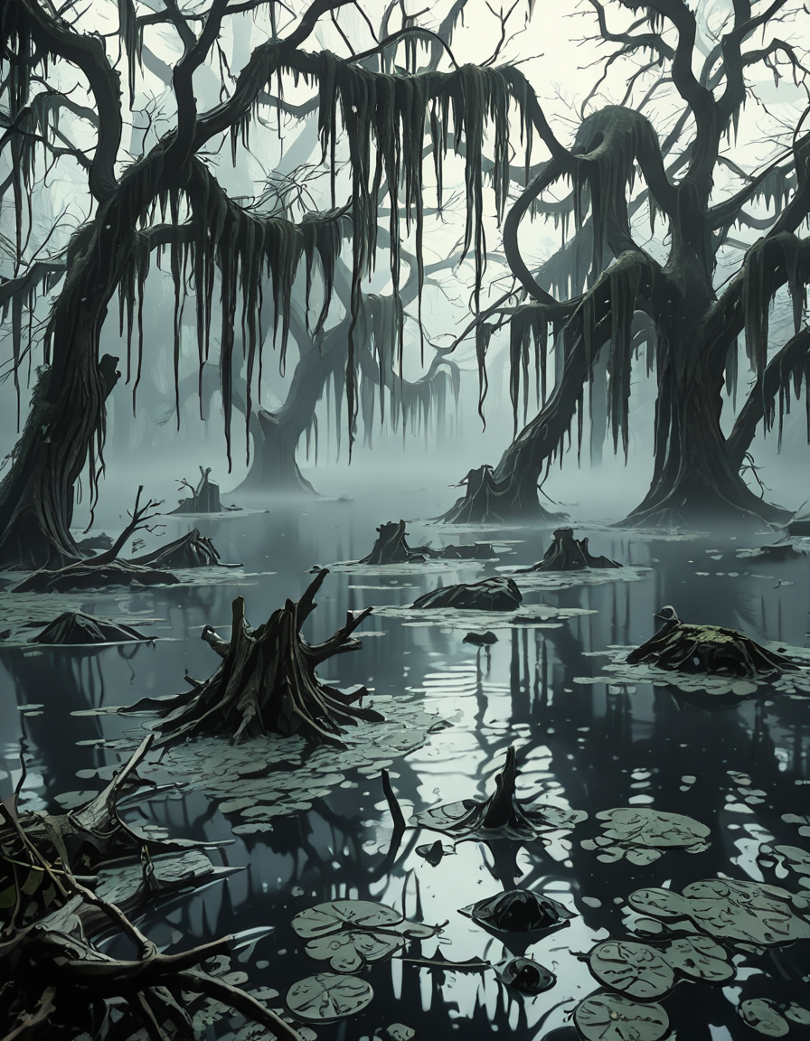A dark and eerie swamp shrouded in thick mist, with twisted, gnarled trees rising from the murky water. Their bare branches reach out like skeletal fingers, draped in long, hanging moss. The water is still, reflecting the dim, overcast sky, with occasional ripples hinting at unseen movements beneath the surface. In the distance, decaying wooden structures, possibly remnants of an abandoned cabin or pier, are partially submerged and covered in moss. The air feels heavy and damp, filled with an eerie silence except for the occasional distant croak of a frog or the rustling of unseen creatures. Faint, ghostly lights hover above the water, casting an unnatural glow. The atmosphere is ominous and foreboding, evoking a sense of mystery and unease.
<lora:SDXLFaeTastic2400:0.4> <lora:extremely_detailed:0.4> extremely detailed,  <lora:0m1n0us_sw4mp_ill:1>,0m1n0us sw4mp, Masterpiece,best quality,hi res,8k,hi res,8k,award winning,(sharp focus, intricate, highly detailed),