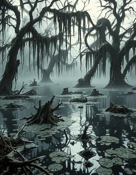 A dark and eerie swamp shrouded in thick mist, with twisted, gnarled trees rising from the murky water. Their bare branches reach out like skeletal fingers, draped in long, hanging moss. The water is still, reflecting the dim, overcast sky, with occasional ripples hinting at unseen movements beneath the surface. In the distance, decaying wooden structures, possibly remnants of an abandoned cabin or pier, are partially submerged and covered in moss. The air feels heavy and damp, filled with an eerie silence except for the occasional distant croak of a frog or the rustling of unseen creatures. Faint, ghostly lights hover above the water, casting an unnatural glow. The atmosphere is ominous and foreboding, evoking a sense of mystery and unease.
<lora:SDXLFaeTastic2400:0.4> <lora:extremely_detailed:0.4> extremely detailed, <lora:0m1n0us_sw4mp_ill:1>,0m1n0us sw4mp, Masterpiece,best quality,hi res,8k,hi res,8k,award winning,(sharp focus, intricate, highly detailed),