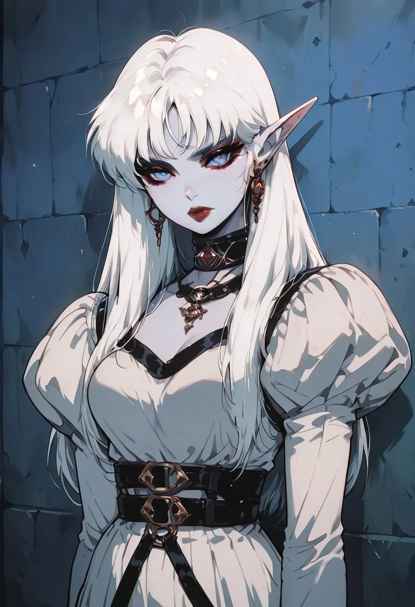 (masterpiece, best quality, good quality, very aesthetic, absurdres), 1girl, solo, eyelashes, (beautiful eyes), 1girl, solo, long hair, breasts, looking at viewer, bangs, blue eyes, long sleeves, jewelry, closed mouth, upper body, white hair, earrings, choker, pointy ears, puffy sleeves, belt, necklace, collar, colored skin, lipstick, juliet sleeves, elf, wall, long hair, looking at viewer, blue eyes, long sleeves, closed mouth, upper body, white hair, pointy ears, puffy sleeves, colored skin, red lips ,<lora:GothRetroNAI:1.0>,