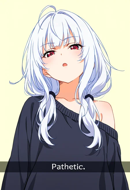 masterpiece, high quality, amazing detail, pathetic_meme, looking down, 1girl, solo, looking at viewer, serious, open mouth, upper body, english text, text:"pathetic", half-closed eyes, extremely detail eyes, white hair, long hair, hair over shoulder, ahoge, collarbone, red eyes, long sleeves, black sweater, casual, single off shoulder, head tilt, from below, simple background, <lora:pathetic:1>