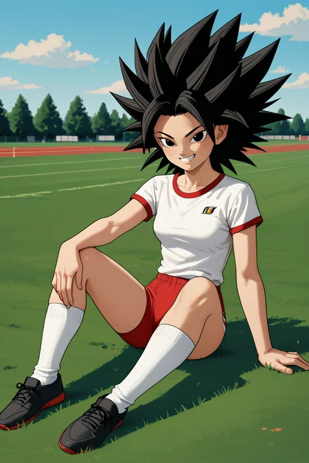 zPDXL3, <lora:caulifla_pony_v2:.5>,
caulifla, black hair, black eyes, spiked hair, white shirt, red buruma, white socks, black shoes, looking at viewer, smiling, sitting, on grass, outside, track and field, sunny,