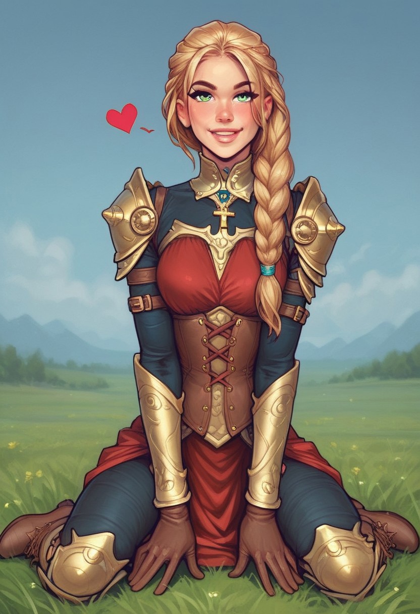 1girl, illustration, looking at viewer, highly detailed, from front,1girl, looking at viewer, highly detailed, skinny, looking at viewer, 1girl, masterpiece, best quality, full body portrait, (((1girl, <lora:agrias-nvwls-v3:1> agrias, armor, corset, dark red dress, brown gloves, cross-laced boots, looking at viewer, sidelocks, braided ponytail, light green eyes, Romance, sci-fi, artificial intelligence, highly detailed)))
BREAK 
slight smile, looking at viewer, 
BREAK 
long hair, blonde hair, hair over one eye, big hair, 
BREAK 
best quality, depth of field, bokeh, (((full clothed)))  (best quality, high detail), ((masterpiece)), <lora:1_ino_20e:1>
BREAK 
((((((field, mill)))))) score_9, score_8_up, score_7_up, score_6_up, source_cartoon, rating_explicit, Expressiveh, (((((upper body))))), dynamic pose