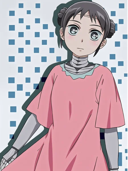 score_9, source_anime, masterpiece, best quality, white background, <lora:Mina_PDXLv0:0.8> mina, double braided bun, short hair, pink dress, solo