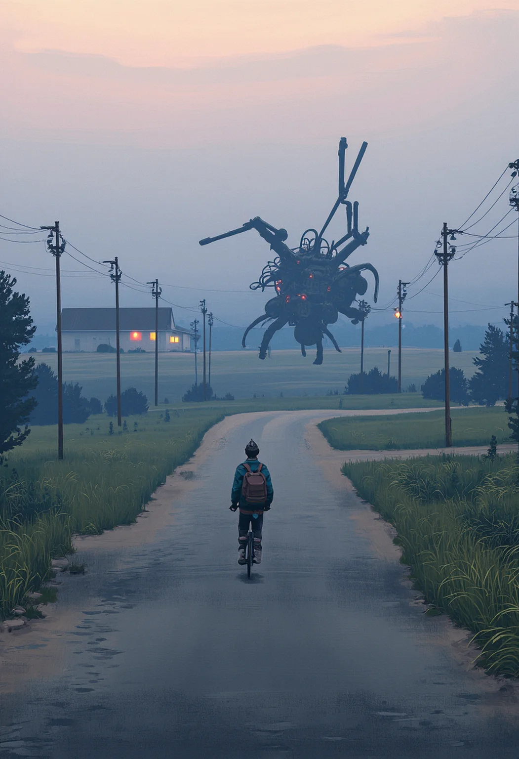 Simon Stalenhag Style, A foggy rural highway stretches into the distance, flanked by overgrown fields and rusting power lines. In the middle of the road, a colossal, insect-like drone lies toppled, its metallic limbs tangled in broken streetlights. Its once-bright warning lights flicker weakly, casting an eerie red glow in the mist. A lone teenager on a battered bicycle approaches cautiously, their backpack slung over one shoulder. In the distance, a small farmhouse glows warmly, contrasting the cold, decayed technology in the foreground.