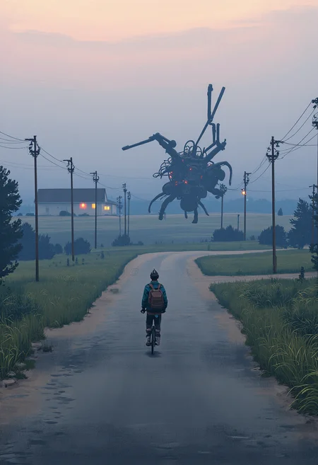 Simon Stalenhag Style, A foggy rural highway stretches into the distance, flanked by overgrown fields and rusting power lines. In the middle of the road, a colossal, insect-like drone lies toppled, its metallic limbs tangled in broken streetlights. Its once-bright warning lights flicker weakly, casting an eerie red glow in the mist. A lone teenager on a battered bicycle approaches cautiously, their backpack slung over one shoulder. In the distance, a small farmhouse glows warmly, contrasting the cold, decayed technology in the foreground.