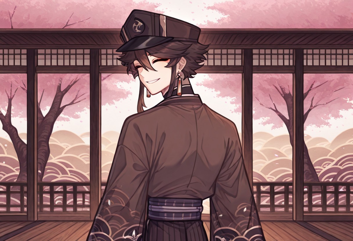 w0lfc0nf, 1 boy, Genshin Impact, male, dark brown hair, human, japanese clothing, hat, closed eyes, earrings, makup around eyes, looking back at viewer, from behind, smiling, male focus, beautiful background, cherry blossoms, japanese architecture, japanese background, sunny day, day time, masterpiece, warm color, vibrant, general view, perfect quality, best quality, detailed, cool composition, newest, very aesthetic, detailed