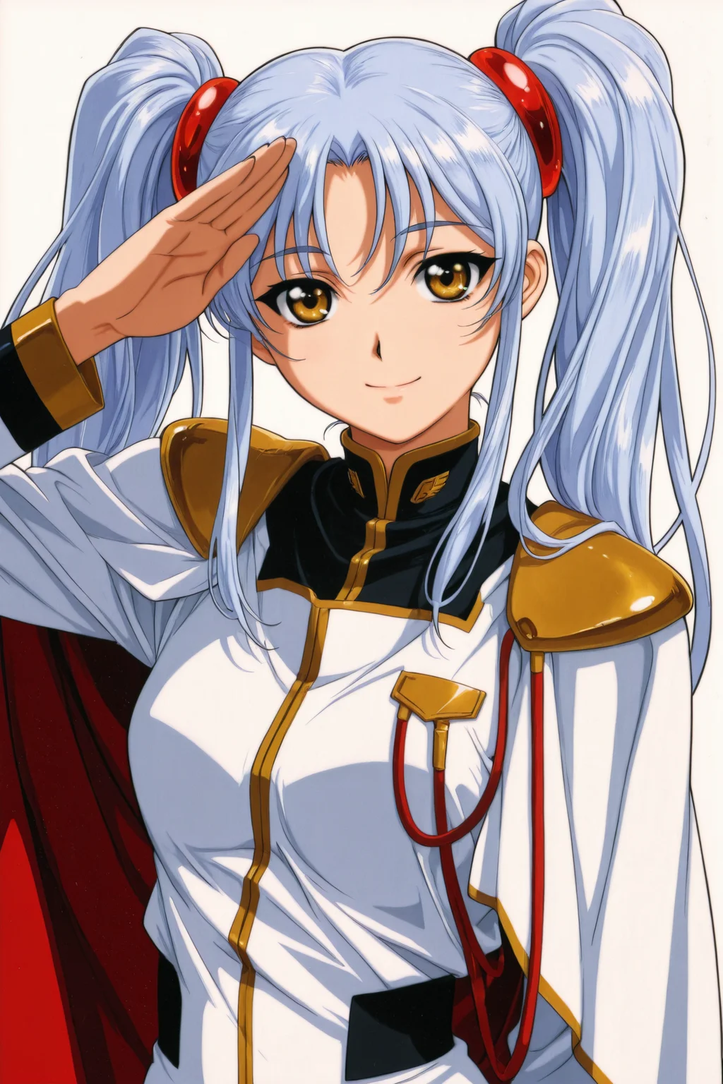 Hoshino Ruri,uniform,1girl,solo,twintails,long hair,long sleeves,light blue hair,looking at viewer,white background,simple background,smile,cape,brown eyes,yellow eyes,bangs,salute,
<lora:Keiji Gotoh_illustriousXL:0.5>,
<lora:Toshihiro Kawamoto_illustriousXL:1.5>,