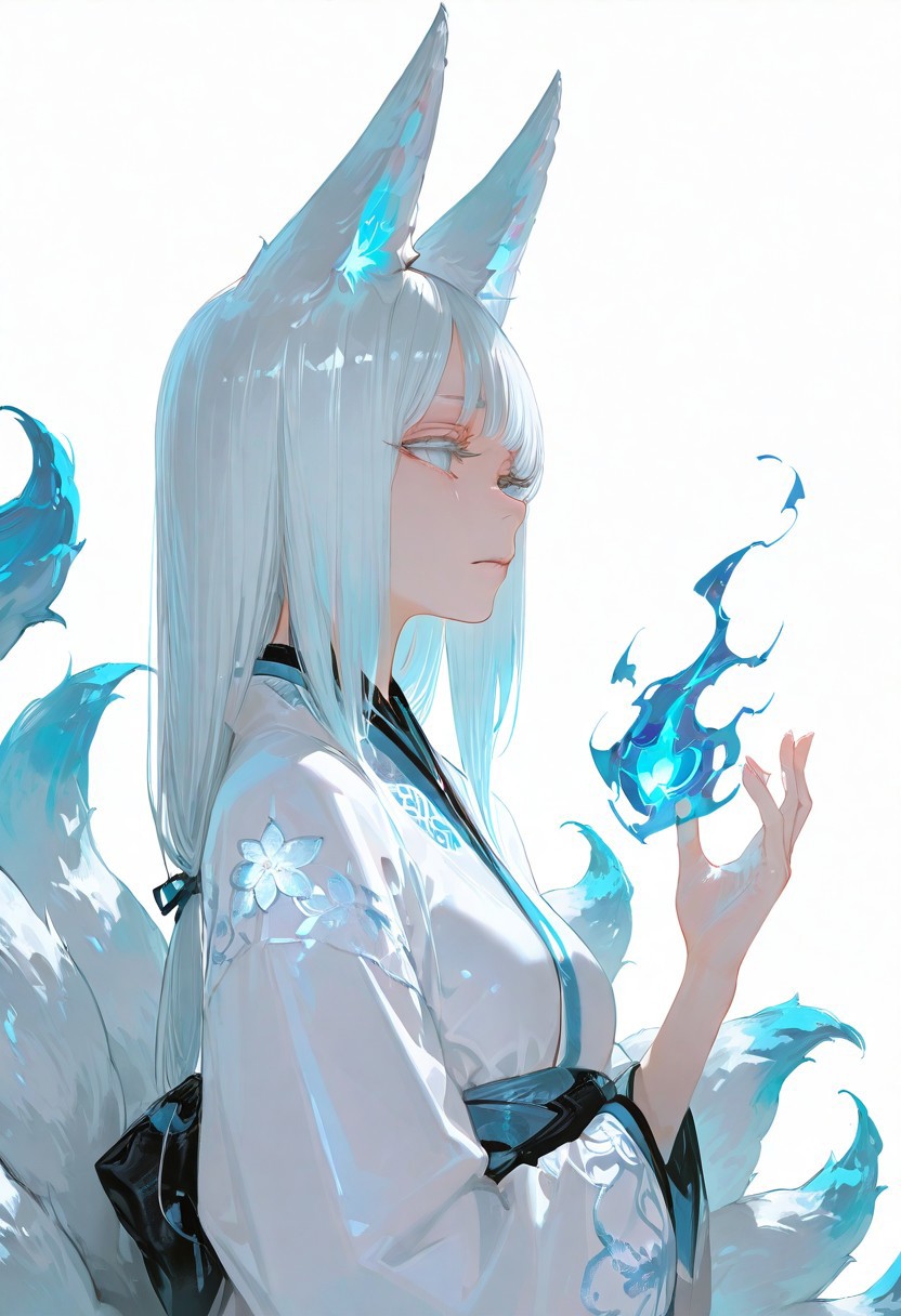 masterpiece, best quality, good quality, newest, highres, absurdres, volumetric lighting,gradient color,
BREAK 
raytracing, volumetric lighting, ambient occlusion, girl, masterpiece, best quality, very awa, absurdres, 
BREAK
model style,
BREAK
masterpiece,amazing quality,best quality,ultra-detailed,8K,illustration,CG,shiny hair,clear skin,ultra-detailed-eyes, detailed background,cute girl, eyelashes, (wlop:0.3),  epic,
BREAK
Kitsune-tsuki, blue fire, magic, animal ears, multiple tails