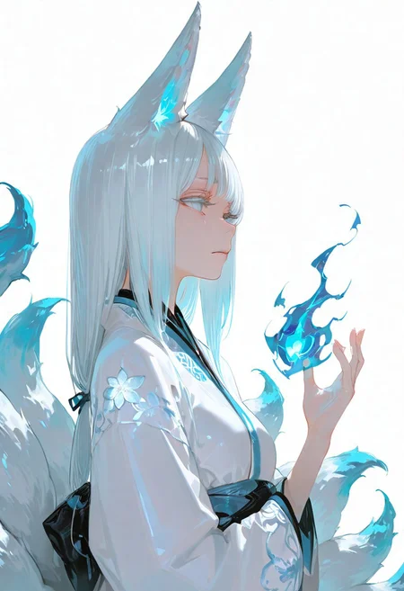 masterpiece, best quality, good quality, newest, highres, absurdres, volumetric lighting,gradient color,
BREAK 
raytracing, volumetric lighting, ambient occlusion, girl, masterpiece, best quality, very awa, absurdres, 
BREAK
model style,
BREAK
masterpiece,amazing quality,best quality,ultra-detailed,8K,illustration,CG,shiny hair,clear skin,ultra-detailed-eyes, detailed background,cute girl, eyelashes, (wlop:0.3),  epic,
BREAK
Kitsune-tsuki, blue fire, magic, animal ears, multiple tails