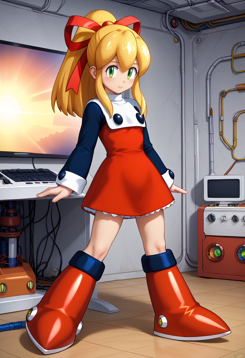 newest, masterpiece, best quality, 4k,
indoors, very aesthetic, detailed background, full body,
1girl, solo,  <lora:RollPony:1> r0ll, roll (mega man), long hair, blonde hair, hair ribbon, ponytail, green eyes, sidelocks, red dress, knee boots, long sleeves