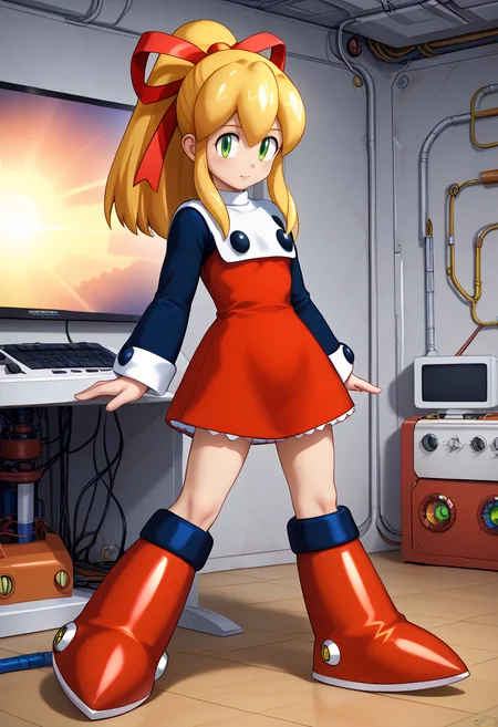 newest, masterpiece, best quality, 4k,
indoors, very aesthetic, detailed background, full body,
1girl, solo, <lora:RollPony:1> r0ll, roll (mega man), long hair, blonde hair, hair ribbon, ponytail, green eyes, sidelocks, red dress, knee boots, long sleeves