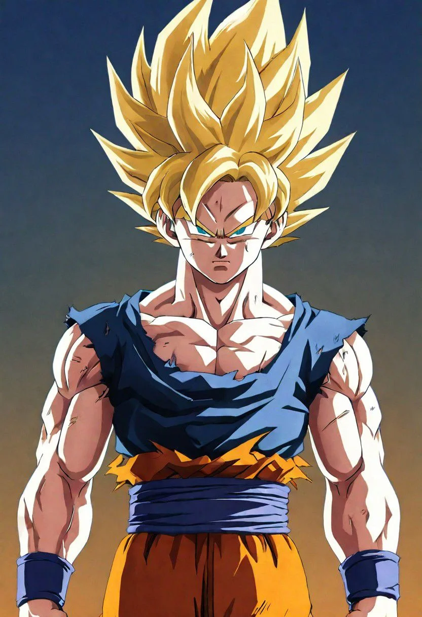 (Ultrarealist:1.5) (Son Goku Sayan:1.5) (Sayan Namek),(Clothes 100% Broken:1.5),8k,ultradetailed background, beautiful photography, (soft fur:1.3), expressive eyes, sunset glow, Serious, (solo:1.0)(ultradetailed eyes:1.5)