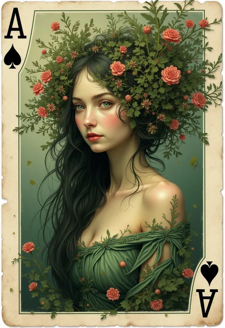 Playing card design, with 1 card. pick at random a single ACE card of 1DIAMOND, 1SPADE, 1HEART, 1CLUB. text "A" in top left of the corresponding card. text "A" upside down in bottom right corner of the corresponding card. in the middle of the card is a randomly different Dryad woman. each woman has random green, brown, black, red, blonde, hair. cards are of normal proportions.
Dryad woman features stay inside the limit of the card frame.
Each dryad woman has these features: petals. tree. green emerald eyes. dryad. monster girl. bugs. hair ornament. floating hair. plant girl. tree spirit with light skin. almost melancholic undertone. fair porcelain skin.
high definition detail. glamorous women art. photo-realistic. featuring woman with striking pose. giving impression of tranquility or possibly a dreamlike state. 1900s photo deep field vignette antique-style effect.