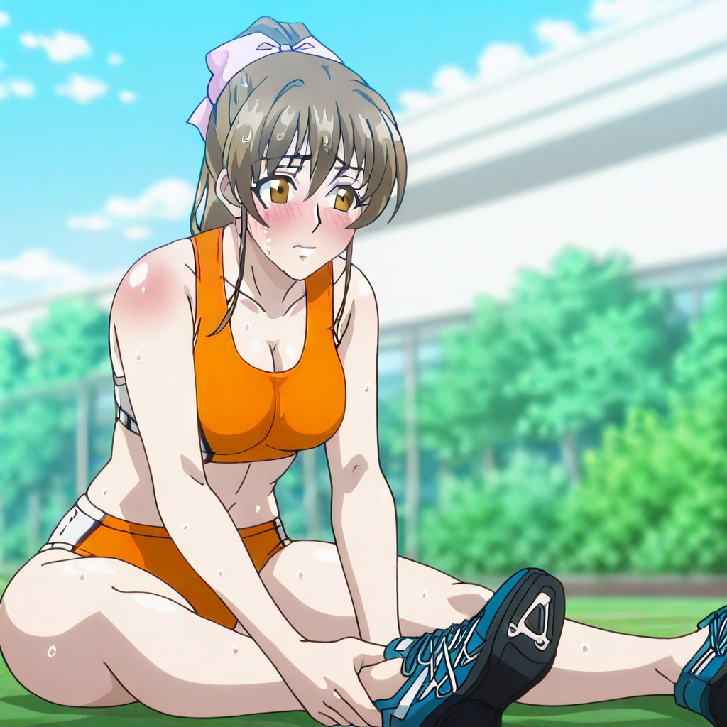 SH1ZUK4SUN0H4R4, an anime styled image,1girl, brown hair, ponytail, white bow, hair bow, brown eyes,, full-face_blush, medium breasts, solo, cleavage, facing viewer, stretching, running shoes, on ground, sitting, sweating, orange buruma, orange sports bra, sports bra, sports bikini, track uniform, standing, mature female, milf, masterpiece, best quality, good quality, newest, (day:1.7), Japan, Tokyo, CityView, outdoors, green grass, track, depth of field, dynamic
