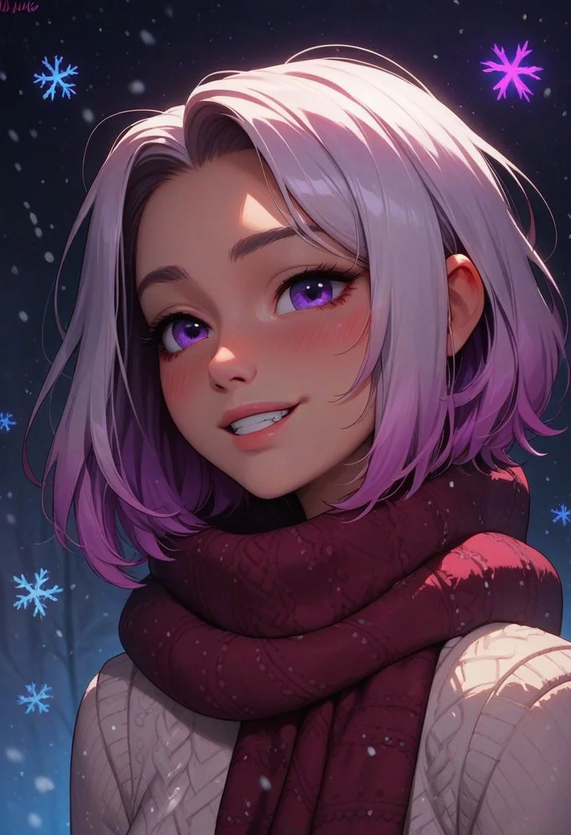 score_9, score_8_up, score_7_up, score_6_up,
1girl, 25 years old, perfect face, cute, petite, close view,
purple eyes,
multicolored hair, colored inner hair, white hair, purple glowing hair, purple glowing scarf,
white sweater,
winter, snowing, glowing snowflakes,
blush, shy smile,
night,