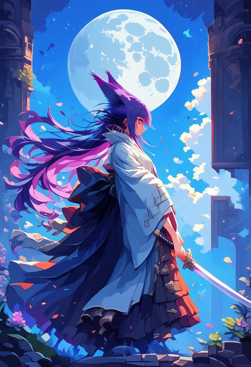 score_9, score_8_up, score_7_up, score_6_up,masterpiece,8k,high res, 
((upper body, detailed eyes, slit pupils:1), hkfuture,d3p1x3l, pixel art,(ais-ghostly:1.1),(1 human girl:1.2), (long wolf ears:1.4),(long fluffy tail:1.3),(long wild hair),(tricorne hat),beautiful face,detailed face,(dark purple eyes),shining eyes,(dark purple hair),tranquil expression,(slim figure),bright white robes,holding long sword,swordmaster robe,exposed legs,walking,skinny, (night time,starry sky,full moon,dynamic lightining,strong winds)