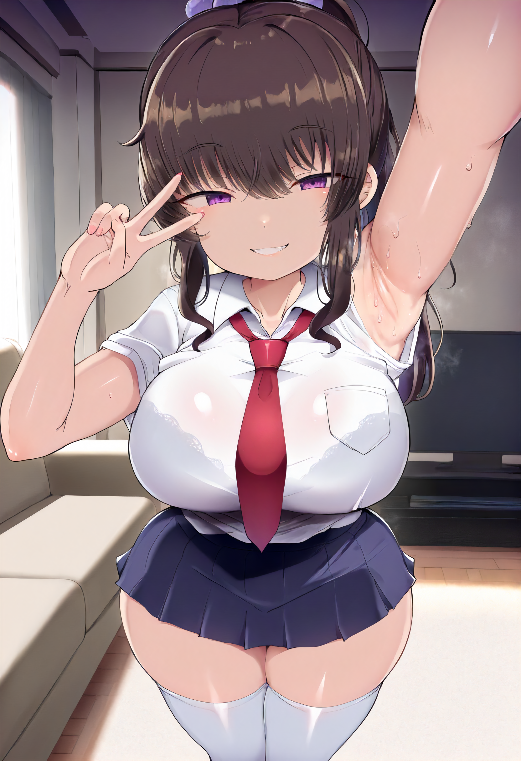 masterpiece, best quality, amazing quality, very aesthetic, absurdres, newest, scenery, volumetric lighting, ultra detailed,
1girl, Doskoimpo, brown hair, hair ringlets, high ponytail, long hair, purple eyes, big breasts, perfect curves, big hips, tall, femdom,
school uniform, white thigh highs,  short skirt, red tie, 
standing, looking at viewer, smile, sly grin, arm up, exposing armpit, peace sign, visible vapors, sweating,
sofa, tv, living room, detailed background, beautiful frame,
<lora:Doskoimpo_-_Artist_Style_-_Illustrious:1>
masterpiece, best quality, amazing quality, very aesthetic, absurdres, newest, scenery, volumetric lighting, ultra detailed,