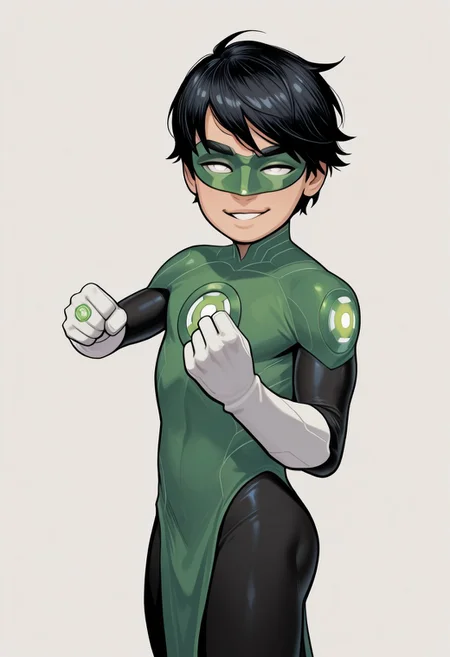 masterpiece, absurdres, high quality, perfect anatomy, 1boy, solo, cute boy, male focus, TaiPham, Black Hair, Green Lantern Ring, Green Lantern Costume, Green and Black Bodysuit, Green Domino Mask, White Eyes, White Gloves, Pelvic Curtain, shortstack, upper body, mecha musume, dynamic, dynamic angle, ((solo)), c7ilf, looking at viewer, smug face, parted lips, dynamic pose, fighting stance, cinematic, intricately detailed illustration, depth of field, masterpiece, best quality, amazing quality, very aesthetic, absurdres, newest, very awa,  shadow, dynamic angle, casual cosplay, simple background,