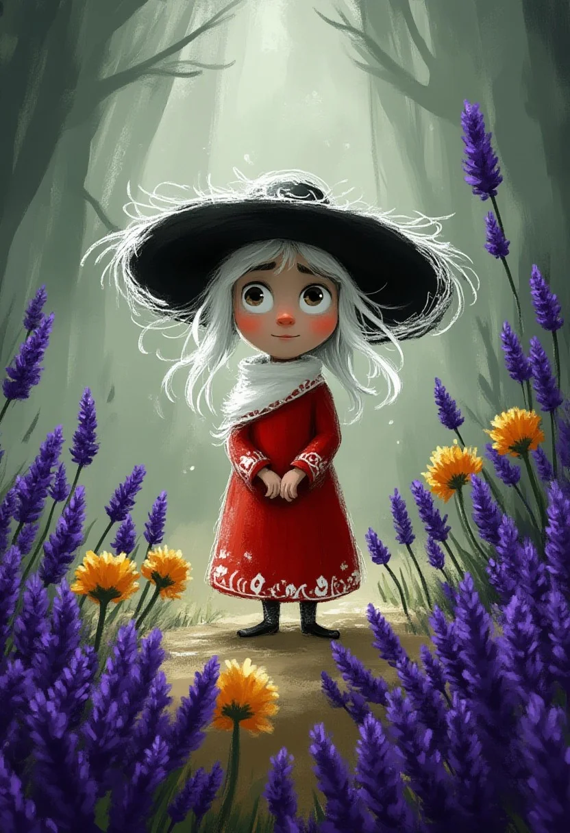A whimsical illustration of a small figure of shreck in dark whimsical art style, wearing wide-brimmed black hat and red dress, standing among lavender and marigolds, digital painting with expressive brushstrokes, misty forest background, characteristic Tim Burton inspired design with curious eyes