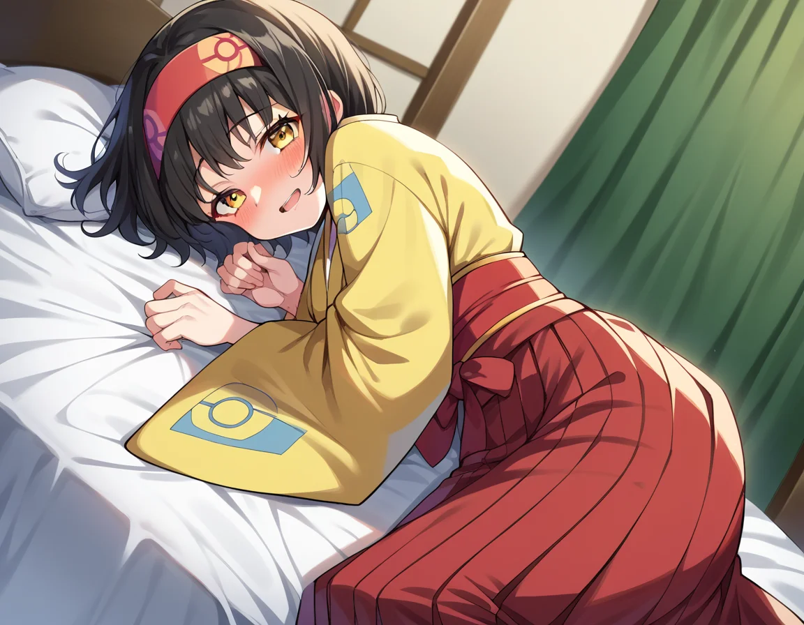 score_9, score_8_up, score_7_up, source_anime,
pokemonerika, <lora:pokemon-erika-ponyxl-lora-nochekaiser:1>
pokemonerika, yellow eyes, black hair, headband, short hair,
japanese clothes, kimono, hakama, red hakama, long sleeves, wide sleeves,
indoors, bed, bed room, on side, blush, drunk,
looking at viewer, cowboy shot, dutch angle,