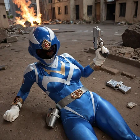 20yo, score_9, score_8_up, score_7_up, shiny oild skin,
1girl, solo, large breasts, sentaisaintforce, blue bodysuit, silver belt, white gloves, spandex, wing-shaped chest symbol, helmet removed, no headwear,
holstered, handgun, holster, torn cloth, orgasm,
city ruin, rubble, lying, night, explosion, smoke,
<lora:Saint_Force:0.8>