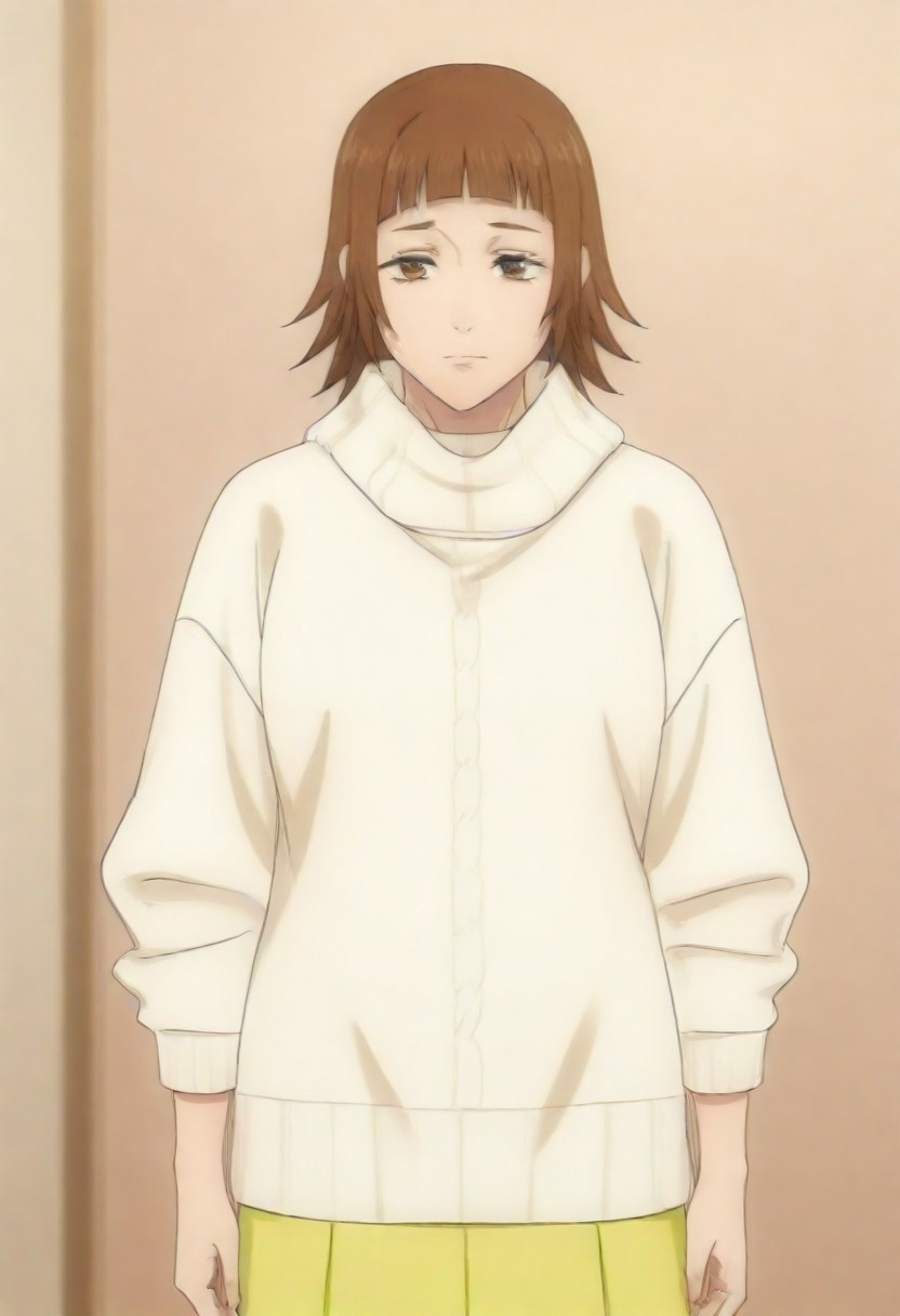 masterpiece, best quality, amazing quality,,, shiny skin,,,,,,,,yuozawa, brown_eyes, brown_hair, short_hair, blunt_bangs,, turtleneck, white_sweater, long_skirt, yellow_skirt,