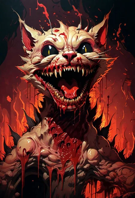 illustration, flat illustration,
The moody cinematic shot, (extensive establishing shot),
(full body), 
kitten, smiling maliciously, a huge hypertrophied mouth with huge predatory teeth, a predatory evil grin, blood dripping from the bloody mouth,
(half its head has been bitten off, the brain is visible, blood is gushing from the wound,
one eye fall out of its socket and is hanging on a vessel, intestines spill out of the cut belly all over the floor, blood flow like a river, all fur in blood:1,5), 
predatory evil grin, huge predatory teeth,
it is standing on its hind legs, its front legs are in the pose of a scratching cat with its claws extended, 
looking at viewer with a great desire to grab with teeth, tear and eat,
entrails covered in blood, pools of blood, blood dripping from the ceiling, walls covered in blood,
dark tones, bright contrasting colors,
against the backdrop of a city with blood-spattered walls,
predominant red and gray and brown color, hyper-detailed, hyper-realism, sharp shot, cinematic, background action-packed boom,